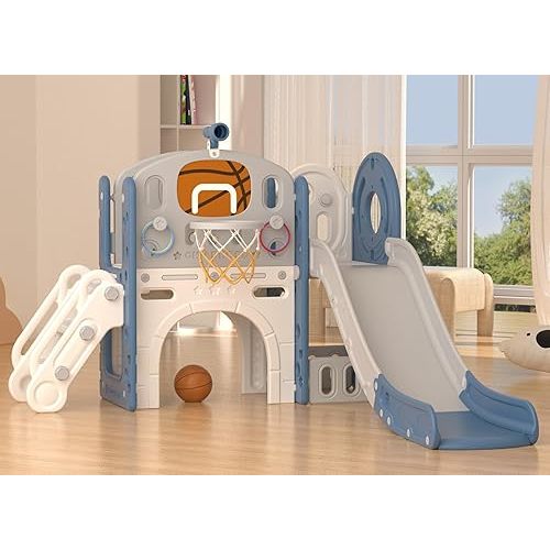 XJD 8 in 1 Toddler Slide Set, Kids Slide for Toddlers Age 1+, Toddler Climber Slide PlaySet with Basketball Hoop and Ball,Outdoor Indoor Playground for Toddlers 1-3 (Blue Gley, 8 in 1)