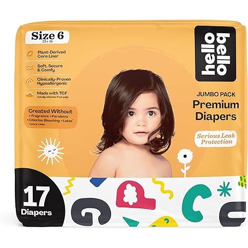 Hello Bello Premium Baby Diapers Size 6, 17 Count of, Extra-Absorbent, and Hypoallergenic Baby Diapers with Snug and Comfort Fit, Alphabet Soup