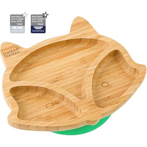 Bamboo Baby Plate with Suction - Kids and Toddler Suction Cup Plate for Babies, Non-toxic All-Natural Bamboo Baby Food Plate Stays Cool to the Touch for Baby-Led Weaning (Fox-Green)