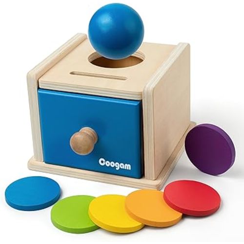 Coogam Wooden Montessori Coin Box Color Shape Sorting Matching Baby Toys, 2-in-1 Drop Box Object Permanent Box, Toddler Educational Learning Toy Gift