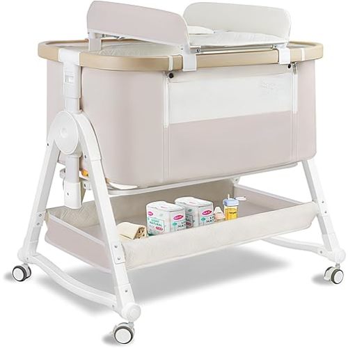 4 in 1 Baby Bassinet, Bassinet Bedside Sleeper with Wheels and Storage Basket, Adjustable 7 Heights Bedside Sleeper with Changing Station, Breathable Mesh Rocking Bassinet for Baby/Newborn