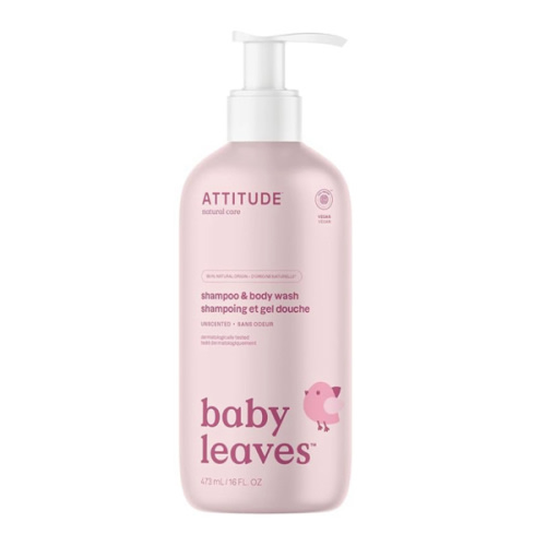 ATTITUDE 2-in-1 Shampoo and Body Wash for Baby, Fragrance-Free EWG Hypoallergenic Plant- and Mineral-Based Ingredients, Vegan and Cruelty-Free, Unscented, 16 Fl Oz