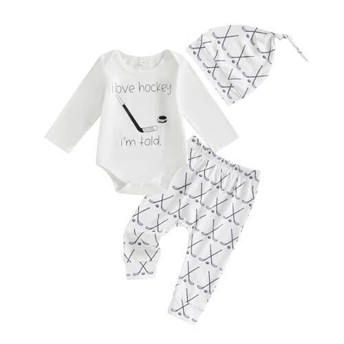 Newborn Fall Winter Outfit Funny Letters Print Baby Onesie and Pants Hat Set Cute Hockey Outfit Baby Boy 0-18M