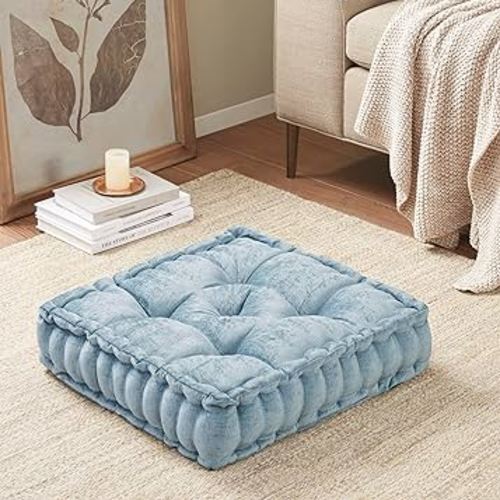 Intelligent Design Azza Floor Pillow, Large Cushions Sitting for Adults, Floor Pillow for Meditation or Yoga, Lustrous Chenille Tufted with Scalloped Edges for Bench/Chair Cushion, 20"x20"x5" Aqua