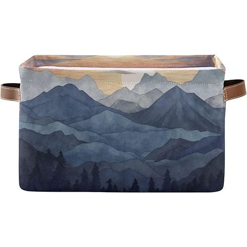 YEGAME Storage Basket Nature Mountain Rectangular Collapsible Canvas Shelves Storage Bins with Leather Handles for Shelves Home Closet Bedroom Living Room, 1Pack