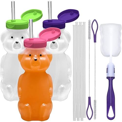 Special Supplies Honey Bear Straw Cup For Babies, 3-Pack Squeezable Therapy and Special Needs Assistive Drink Container, Spill Proof and Leak Resistant Lid