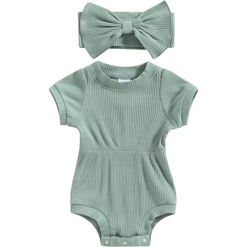 Karwuiio Newborn Baby Girl 2 Piece Outfits Short Sleeve Knit Jumpsuit Romper with Headband Summer Clothes