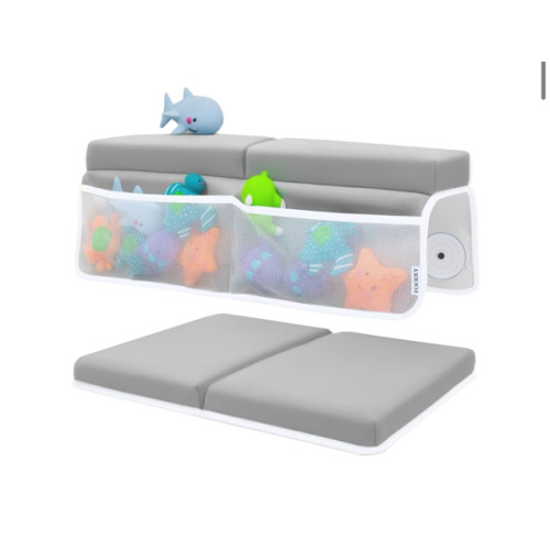 Baby Bath Kneeler and Elbow Rest Pad Set - Baby Bath Support for Knees and Elbows - Bath Kneeler Pad with Memory Foam and Bath Toys Organizer - Ideal Bath Kneeling Pad for Bathing Baby - Grey
