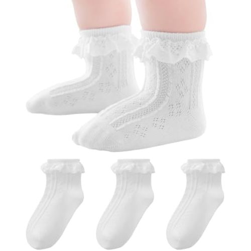 EPEIUS Baby Lace Socks Newborn Girl Eyelet Ruffle Frilly Socks Soft Breathable Seamless Cotton Sox 0-6/6-12/12-24 Months