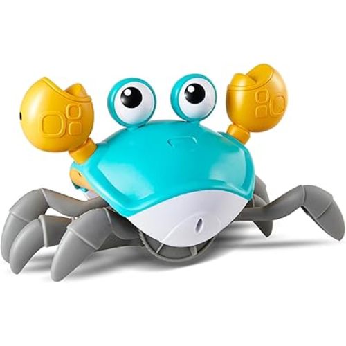 Crawling Crab Baby Toys Upgrade Version - 3 Speed & Music Control, Infant Tummy Time Interactive Walking Toddler Toy for 3 4 5 6 7 8 9 10 11 12 Year Old Boys or Girls (Blue)