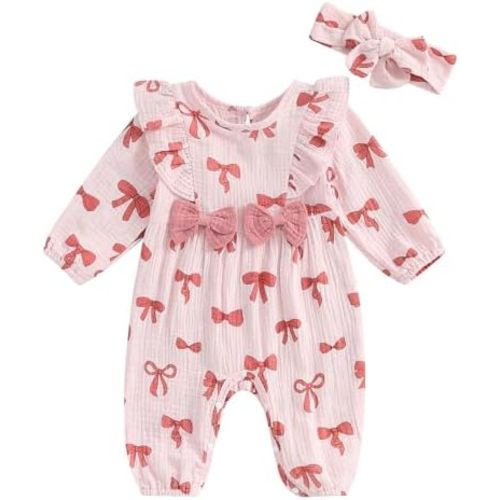SAYOO Smocked Baby Girl Clothes Cotton Linen Floral Bubble Romper Long Leg Bodysuit Frill Trim Ruffle One-Piece Jumpsuit