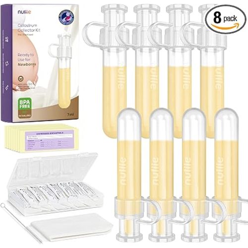 Nuliie Colostrum Collector Kit 7ml/8pcs, Leakproof, Reusable Breast Milk Collector, Heat & Freezer Resistant, BPA-Free, With Cotton Cloth Wipe, Storage Case, Cleaning Brush - Ready-to-Use for Newborns