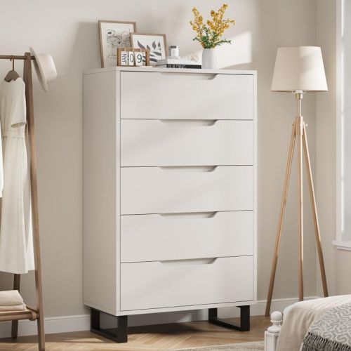 5-Drawer White Bedroom Dressers: 50" Tall Freestanding Vertical Wooden Chest with Storage for Living Room, Hallway & Entryway