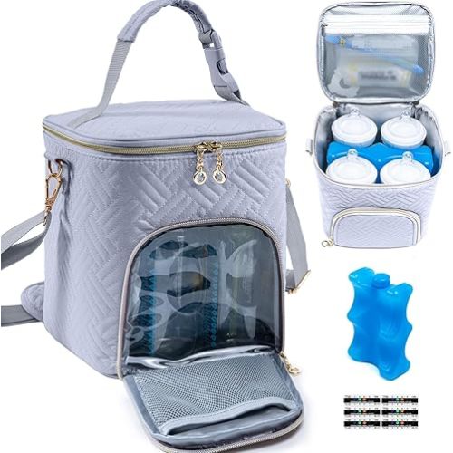 Breastmilk Cooler Bag with Ice Pack for 4 Mam Bottles Cooler Bag - See-through Breast Pump Bag for Baby Bottles 4oz-9oz- Breastmilk Storage Bag - Bottle Cooler Bag for Daycare,Insulated Bottle Bag