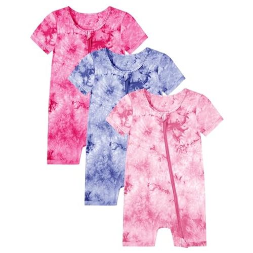 Jimonda Baby Girl Boys Rayon From Bamboo Pajamas 3 Pack Short Sleeve Footless Romper 2 Way Zipper Tie Dye Pjs Sleeper 0-24M