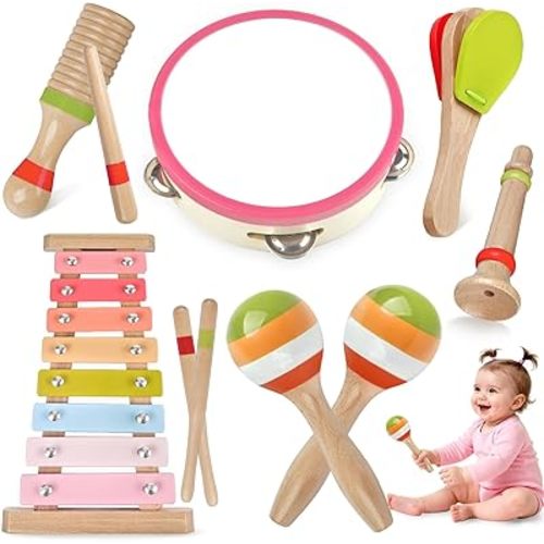 Baby Musical Instruments for Girls-Montessori Wooden Toys for Toddlers 1-3,Percussion Instruments Set with Xylophone Preschool Educational 3+ Christmas Birthday Gift for 1 2 3 Year Girl (Pink)