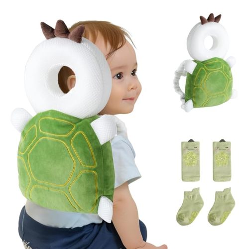 Baby Head Protector Backpack (9 to 24 Months) - Cute Head Guard Pillow with Knee Pads and Socks, Baby Shower Gift, Baby Safety Set, Toddler Head Cushion Backpack, Baby Gift, Green Turtle