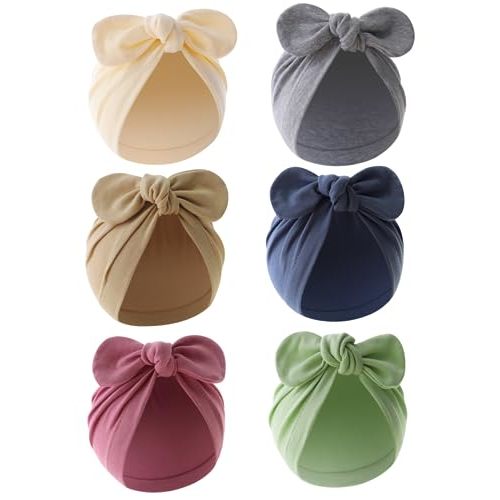 ZURLEFY 6 PCS Stretchy Baby Turban Hats, Baby Hat with Bows for Girls, Baby Boys Caps, Toddler, Newborn, Infant Hat Unisex