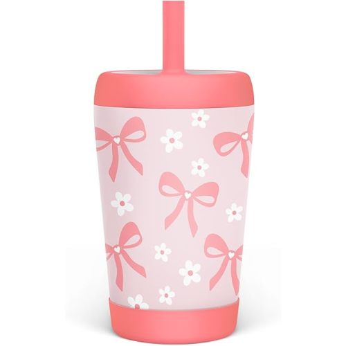 Kid Insulated Stainless Steel Tumbler with Silicone Straw, 12oz Sippy Cup for Kids (Pink Bows)