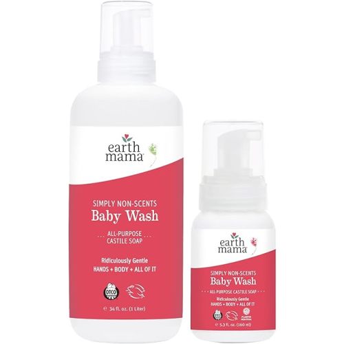 Earth Mama Simply Non-Scents Baby Wash Foaming Hand Soap Refill, Organic Unscented Body Wash for Sensitive Skin, Castile Soap with Coconut Oil, Shea Butter, Calendula, & Aloe, 5.3floz & Liter Refill