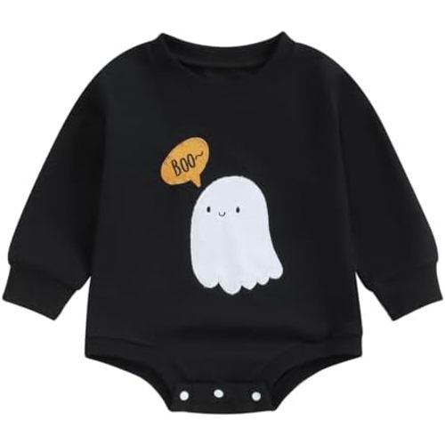 Newborn Baby Girl Halloween Sweatshirt Romper Bodysuit Fuzzy Ghost Letter Pattern Long Sleeve Pullover Top Fall Clothes