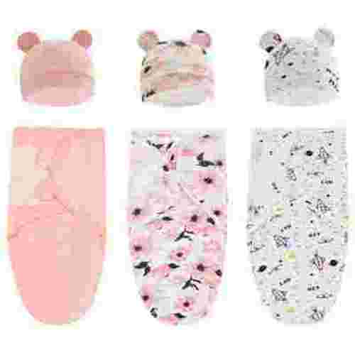 Baby Swaddle Sleep Sack with Hat, Soft Cotton Newborn Wearable Swaddle Wrap, for 0-3 months Girls Boys, 3-Pack