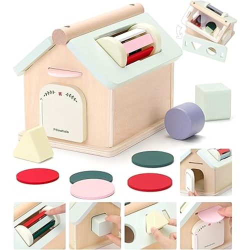 Wooden Toys for Babies 12 Months, Wooden Baby Drop Toys, 5 in 1 Object Permanence Box, Shape Sorting and Stacking Learning Toy, Sensory Play House for Toddlers Boys Girls 1 Years