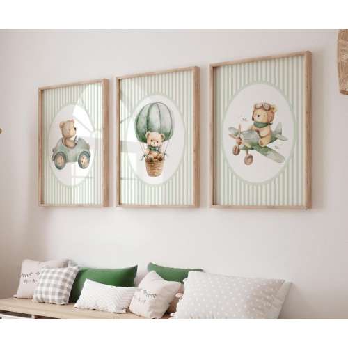 Vintage Bear Nursery Wall Art Set of 3, Bear Nursery Prints, Vintage Nursery, Boy Nursery Decor, Sage Green, Baby Boy Shower Gift 440D