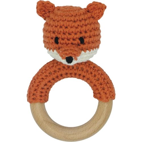 Safari Animals Wooden Baby Rattle Toys Stuffed Crochet Rattle with Teether Ring for Newborn, Orange Fox