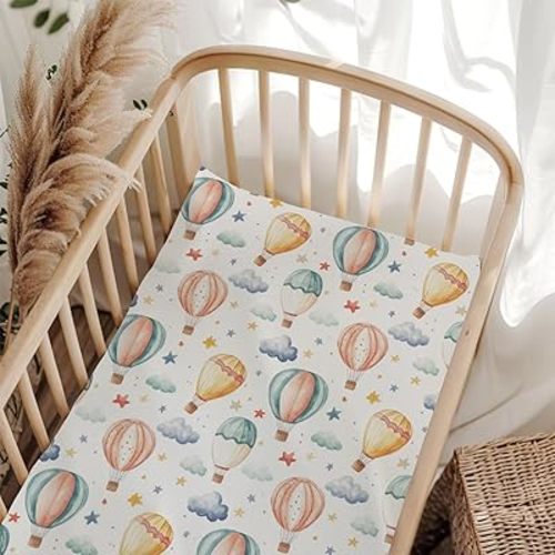 Cartoon Hot Air Balloon Stars Fitted Crib Sheet for Baby Girls Boys 52x28Inch Soft Breathable Cute Cloud Sky Fitted Crib Mattress Cover for Standard Crib and Toddler Mattress Nursery Bed
