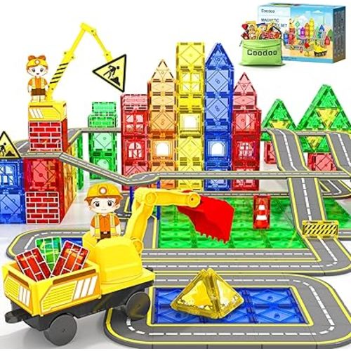 Magnetic Tiles Construction Set with Movable Excavator & Crane, STEM Magnetic Blocks Sensory Toys for Kids 3-5 Girls Boys Toys Age 4-6 6-8, Kids Games Outdoor Toy Birthday Gifts with Car