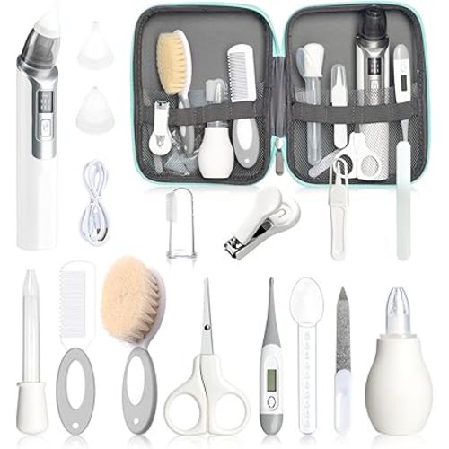 Baby Grooming Kit, Infant Safety Care Set with Baby Nose Aspirator,Baby Hair Brush Comb Nail Clipper Nasal Aspirator,Baby Essentials Kit for Newborn Girls Boys (17 Pc Grey White Kit)