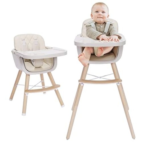Mallify 3-in-1 Convertible Wooden High Chair, High Chairs for Babies and Toddlers, Baby High Chair with Adjustable Legs & Dishwasher Safe Tray, Made of Sleek Hardwood & Premium Leatherette, Beige