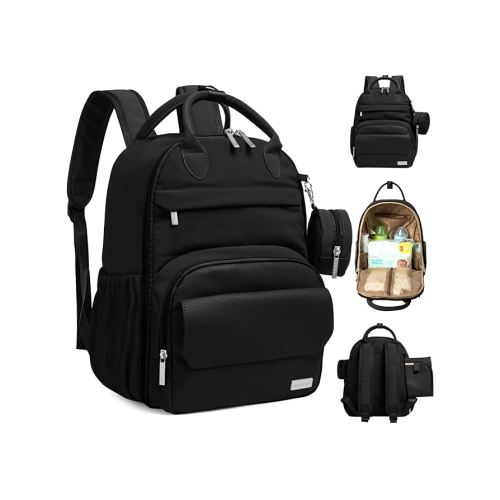 Diaper Bag Backpack - Multifunctional Travel Diaper Back Packs,Maternity Baby Changing Bags, Compact 18L Capacity, PU Leather, Waterproof, Unisex, Stylish Nappy Bag, Diaper Changing Pad (Trendy Black)