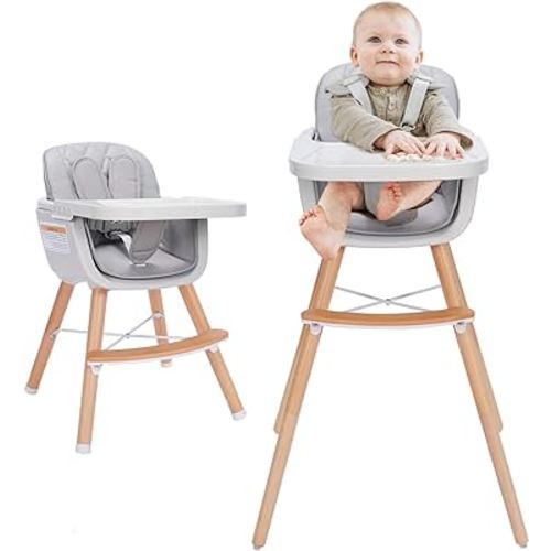 3-in-1 Convertible Wooden High Chair,Baby High Chair with Adjustable Legs & Dishwasher Safe Tray, Made of Sleek Hardwood & Premium Leatherette, Gray Color