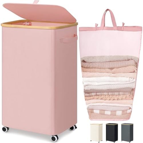 Goodpick Laundry Basket with Wheels, Collapsible Clothes Hampers with Removable Laundry Bag 100L Large Rolling Hamper with Lid for Bedroom, Bathroom, Pink