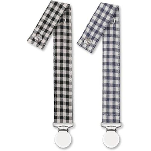 Pacifier Clip Leash Soothie Holder Unisex Plaid Button for boy （2 Pack）