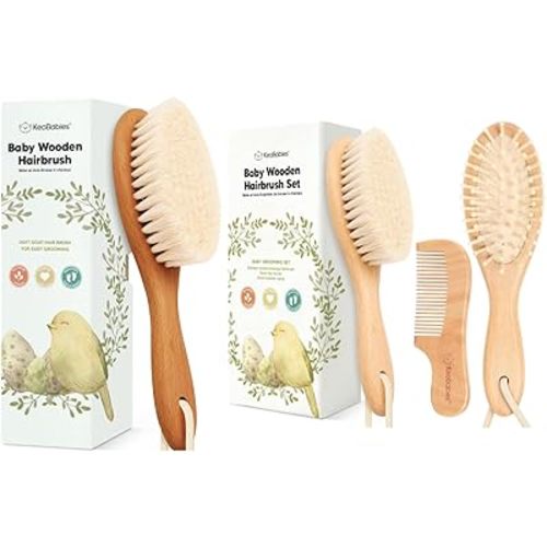 Keababies Baby Hair Brush and Baby Hair Brush and Baby Comb Set - Baby Brush with Soft Goat Bristles - Wooden Baby Brush with Soft Goat Bristle, Cradle Cap Brush
