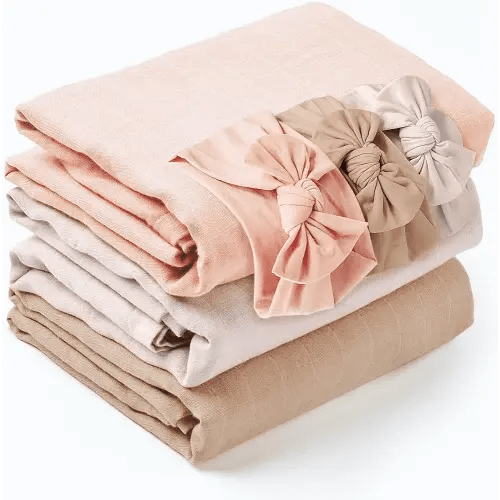Konssy 3 Pack Muslin Baby Receiving Blankets with Headband Set, Soft Fabric Newborn Swaddle Blanket, Large 45 x 45 inches, Breathable Muslin Baby Swaddles for Boys & Girls