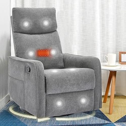 Swivel Rocker Recliner Chair with Heated Massage, Rocking Reclining Chairs for Nursery, Small Spaces, High Back, Side Pocket