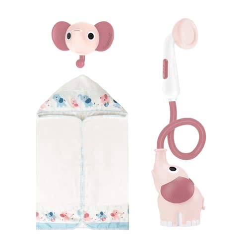 Yookidoo Baby Bath Elephant Shower Head Gift Set - Includes Hooded Towel & Hanger - Control Water from 2 Elephant Trunk Knobs for Max Fun in Tub or Sink Newborns, Toddlers, Boys, Girls (Blush Pink)
