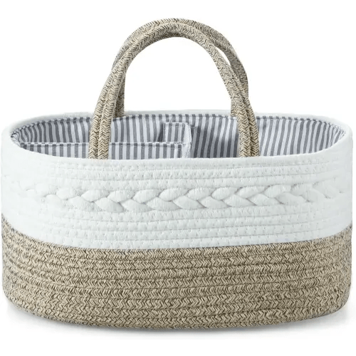PandaEar Baby Diaper Caddy Organizer, Portable Nursery Storage Basket Cotton Rope Diaper Caddy for Baby Shower Gifts Newborn Infants -Brown