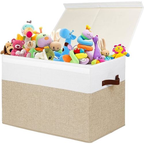 Large Toy Storage Box with Lid, Sturdy Toys Storage Chest Bin Organizer Basket with Dividers for Kids, Boys, Girls, Nursery, Closet, Bedroom, Playroom 25"x13" x16" (Beige and White)