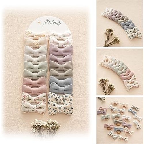 Baby Toddler Little Girls Hair Ties with 2" Linen Bows, 20 pcs No Damage Elastic Nylon Ponytail Holders Scrunchies for girls, Small Hair Accessories for Kids Thick or Thin Hair