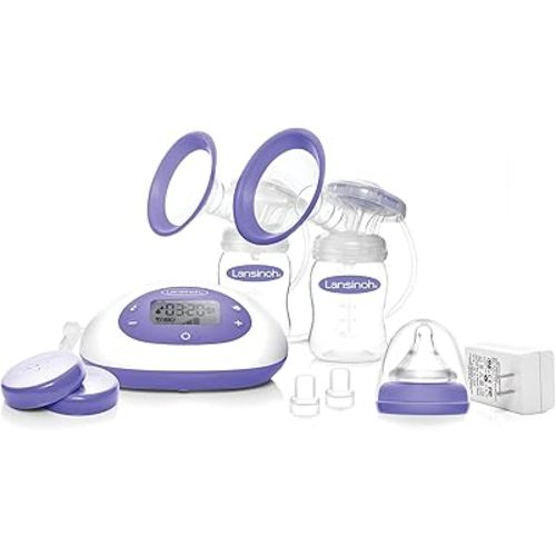 Lansinoh Signature Pro Double Electric Breast Pump, Portable with LCD Display, 3 Power Options, Includes 25mm Flanges, 2 Baby Bottles with 1 Slow Flow Bottle Nipple, and Carry Bag