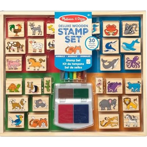 Melissa & Doug Deluxe Wooden Stamp Set: Animals - 30 Stamps, 6 Markers, 2 Stamp Pads Kids Art Projects, Wooden Stamps with Washable Ink, for Kids Ages 4+