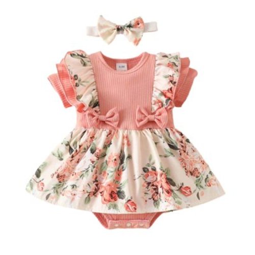 Virmaxy Toddler Baby Girls Cute Dress Suit 1-18M Baby Girl Short Sleeve Ruffle Dress Flower Stripe Wrapped Fart Suit One-piece Headband Set Pink