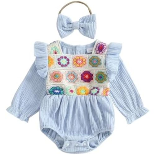 Baby Girl Crochet Flower Romper Ruffled Sleeve Smocked Bubble Romper Bodysuit Clothes Bow Headband Newborn Fall Outfit
