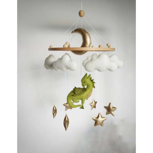 Dragon baby mobile, Dragon nursery baby mobile,  Fantasy baby nursery, Golden moon and stars, Baby shower gift, Hanging cot mobile
