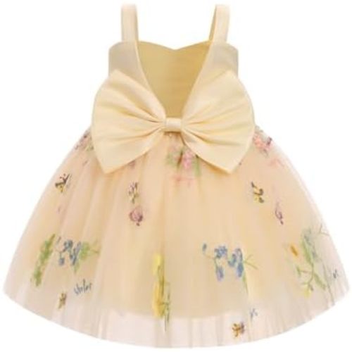 IBTOM CASTLE Toddler Baby Flower Girl Dress Floral Embroidery Pleated Tulle Bowknot Birthday Party Pageant Tutu Dress
